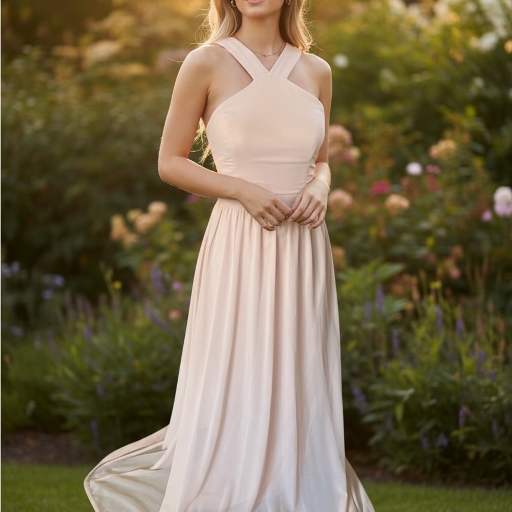 Lulu's Sz S Soft Blush Pink A Line Halter Chiffon Maxi Formal Bridesmaid Dress - Picture 2 of 12